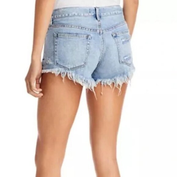 We The Free blue "Loving Good Vibration" distressed mini denim shorts size 29 - Picture 2 of 9